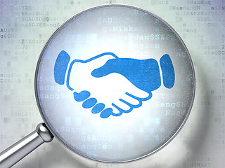 Image showing Business concept: Handshake with optical glass on digital background