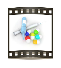 Image showing Syringe, tablet, pill jar. 3D illustration. The film strip