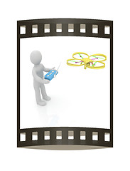 Image showing 3d man with drone, quadrocopter, with photo camera. 3d render. 3