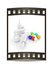 Image showing Syringe, tablet, pill jar. 3D illustration. The film strip