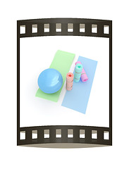Image showing karemat and fitness ball. 3D illustration. The film strip
