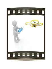 Image showing 3d man with drone, quadrocopter, with photo camera. 3d render. 3