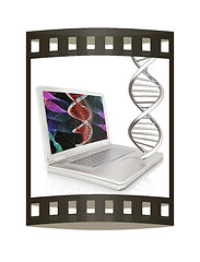 Image showing Laptop with dna medical model background on laptop screen. 3d il