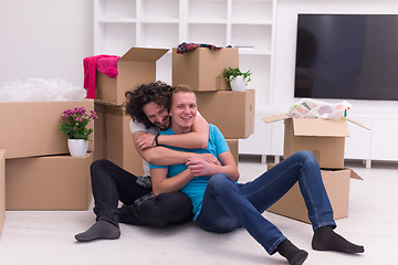 Image showing young  gay couple moving  in new house