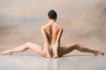 Image showing The ballerina is sitting with her back legs wide apart