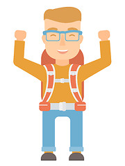 Image showing Backpacker with hands up vector illustration.