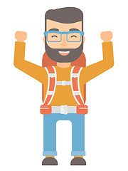 Image showing Backpacker with hands up vector illustration.
