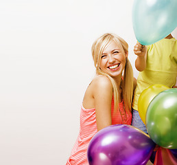 Image showing pretty real family with color balloons on white background, blon