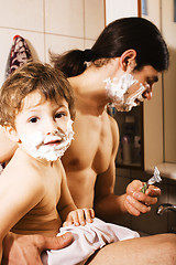 Image showing Portrait of son and father enjoying while shaving together, lifestyle people concept, happy family 