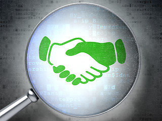 Image showing Finance concept: Handshake with optical glass on digital background