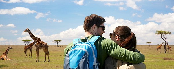 Image showing happy couple with backpacks traveling