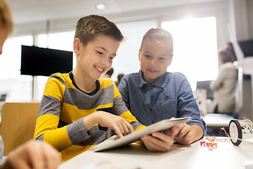 Image showing kids with tablet pc programming at robotics school