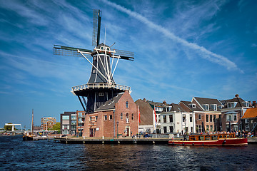 Image showing Harlem landmark windmill De Adriaan on Spaarne river. Harlem,