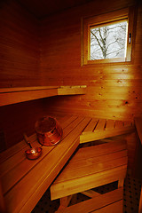 Image showing interior of sauna, bucket and scoop