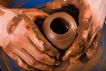 Image showing hands of potter on  pottery wheel, closeup