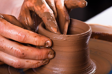 Image showing closeup of hands working on pottery wheel