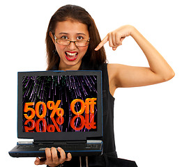 Image showing Girl With 50% Off Screen Showing Sale Discount Of Fifty Percent
