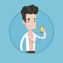 Image showing Man measuring heart rate pulse with smartphone.