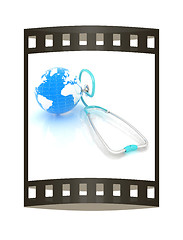 Image showing stethoscope and globe.3d illustration. The film strip