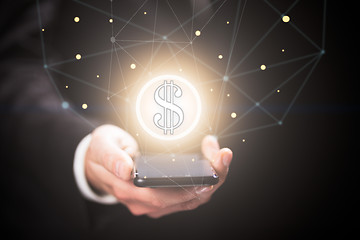 Image showing Businessman with dollar sign coming out of smartphone. Virtual money