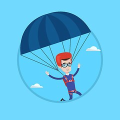 Image showing Young happy man flying with parachute.