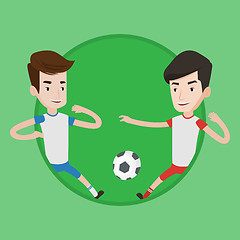 Image showing Two male soccer players fighting for ball.