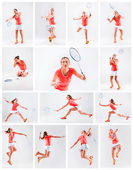 Image showing Young woman playing badminton over white background