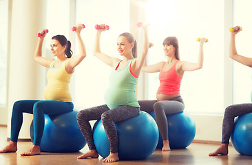 Image showing happy pregnant women exercising on fitball in gym