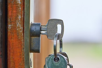 Image showing Open garden gate with key