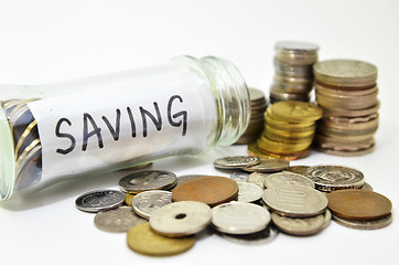 Image showing Saving lable in a glass jar with coins spilling out