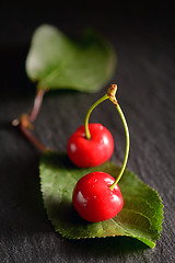 Image showing cherries with leaf on ardesia  plate