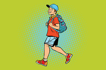 Image showing Boy student with a backpack goes to school or Hiking