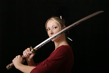 Image showing Female with a samurai sword