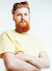 Image showing portrait of young bearded hipster guy smiling on white background close up isolated, lifestyle real modern people concept