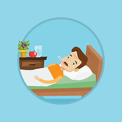 Image showing Sick man with thermometer laying in bed.