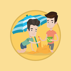 Image showing Male friends building sandcastle on beach.