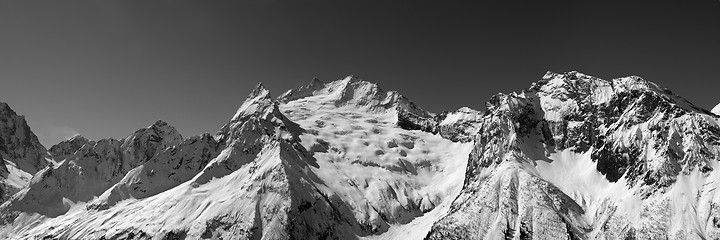 Image showing Black and white panorama of snow mountains.