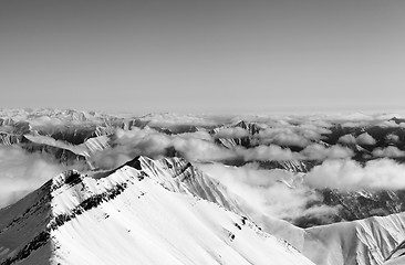 Image showing Black and white view on high winter mountains in haze