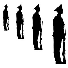 Image showing Black silhouette soldier is marching with arms on parade