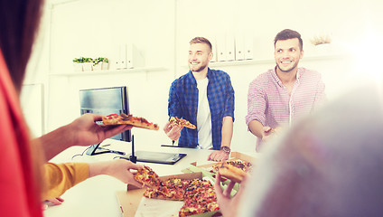 Image showing happy business team eating pizza in office