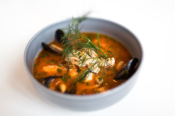 Image showing seafood soup with fish and blue mussels in bowl