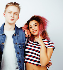 Image showing best friends teenage girl and boy together having fun, posing emotional on white background, couple happy smiling, lifestyle people concept, blond and brunette multi nations 