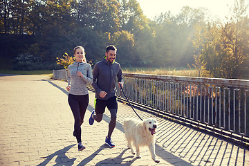 Image showing happy couple with dog running outdoors