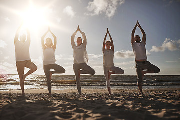 Image showing group of people making yoga in tree pose on beach