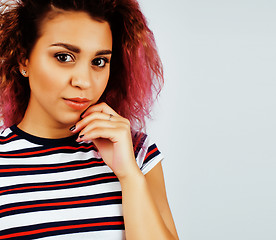 Image showing young happy smiling latin american teenage girl emotional posing on white background, lifestyle people concept 