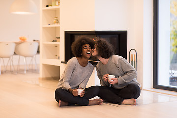 Image showing multiethnic couple  in front of fireplace