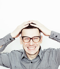 Image showing young handsome well-groomed guy posing emotional on white background, lifestyle people concept 