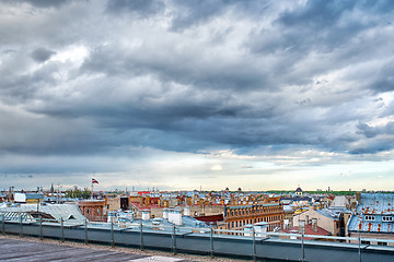 Image showing Panoramic view of Riga city, roofs under cloudy sky