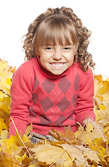 Image showing Little girl with maple leaves