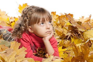Image showing Little girl with maple leaves